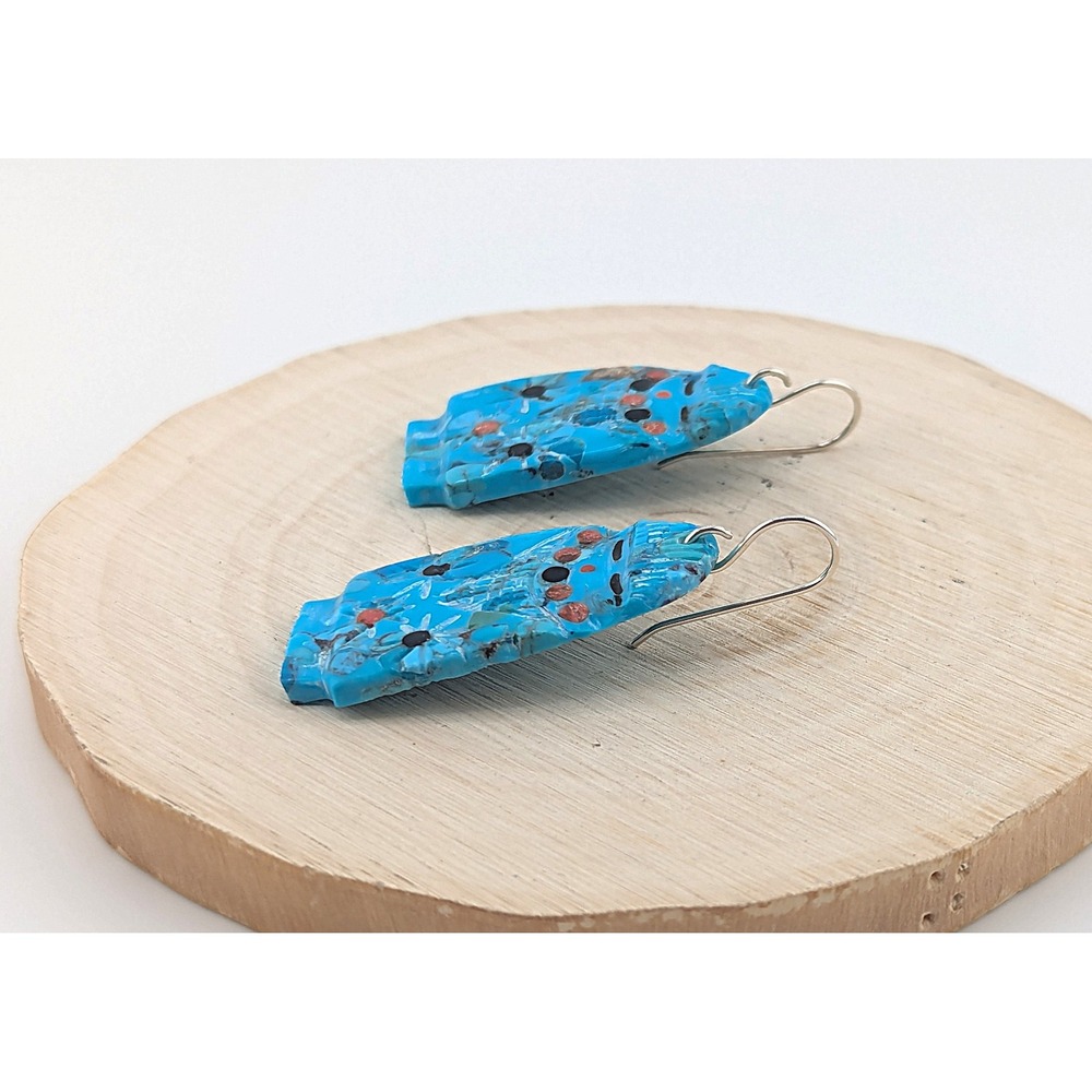 Navajo Dangle Earrings‎ Hand cut Native American Green Turquoise Slab Jewelry ** - Picture 5 of 11